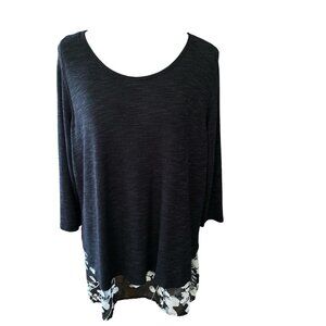 DB Est. 1962 Mixed Media Gray/Black/White Floral 3/4 Sleeve Top-Top 2X